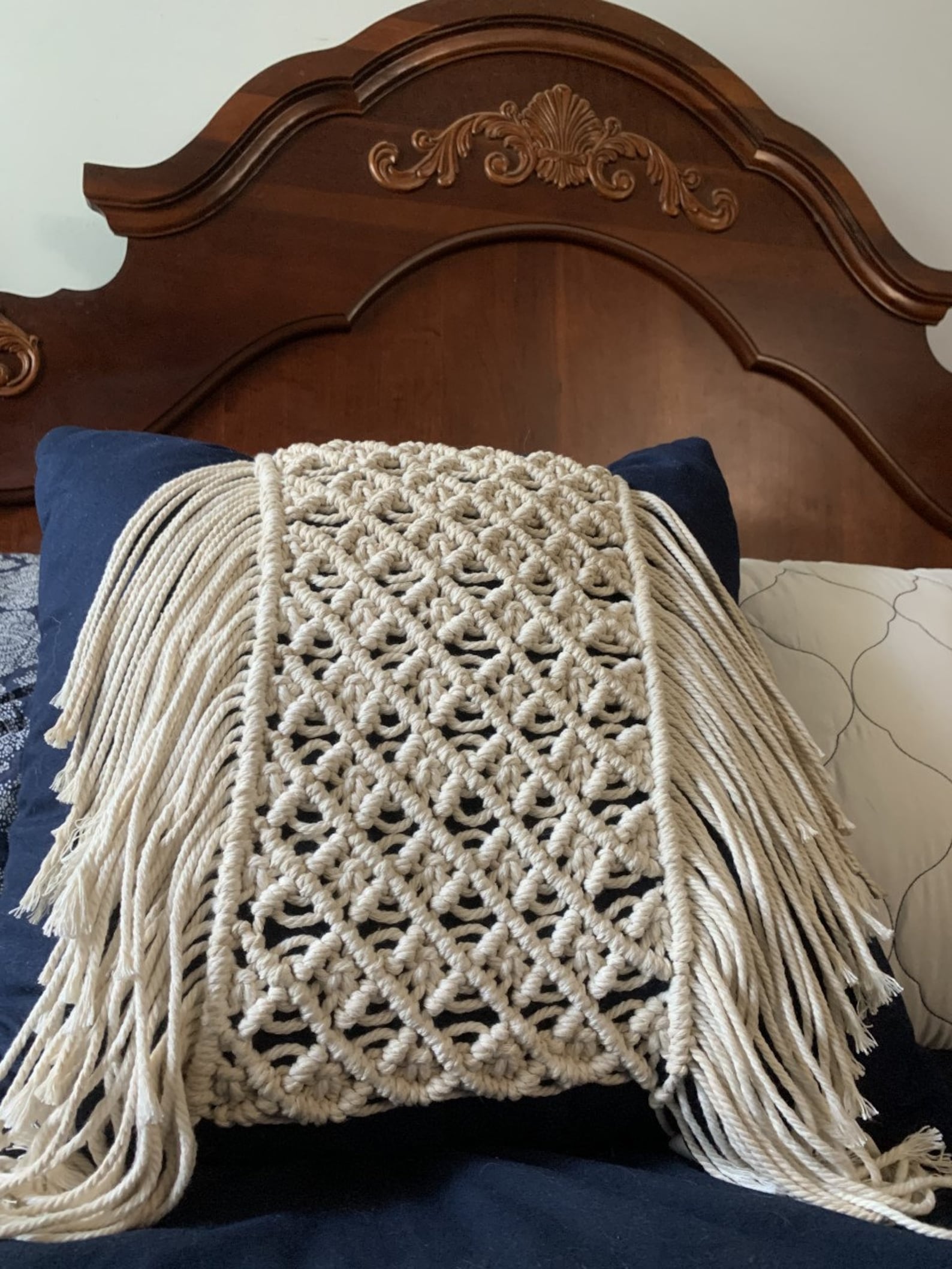 Handmade Macrame Throw Pillow Cushion Cover, Boho Bedroom Decor, Patio