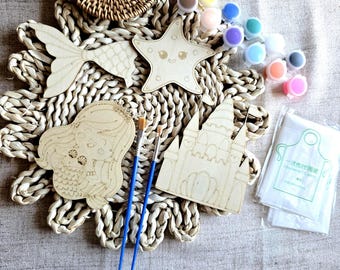 Kit da colorare fai da te con sirene, kit di pittura in legno, kit di pittura per bambini, regalo per bambini, kit artigianale scatola sirene, scatola per bambini