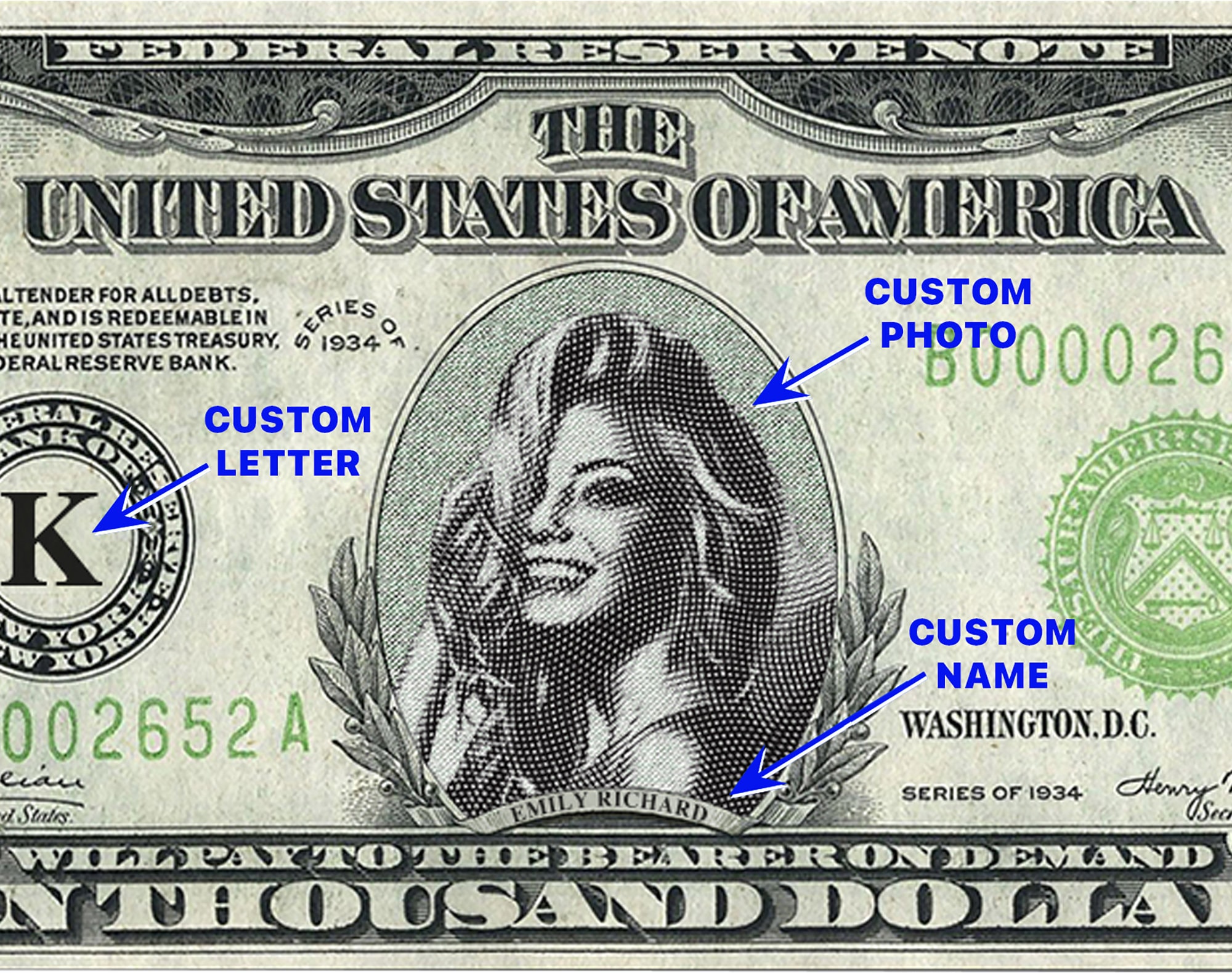 Personal custom realistic digital 10.000 dollar bill. Fake Etsy