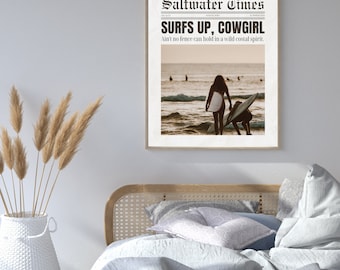 Coastal Cowgirl Newspaper Print, Surfer Wall Art (Digital Download)