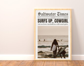 Coastal Cowgirl Newspaper Print, Surf Western Wall Art (Digital Download)