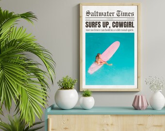 Coastal Cowgirl Newspaper Print, Surfs Up Wall Art (Digital Download)