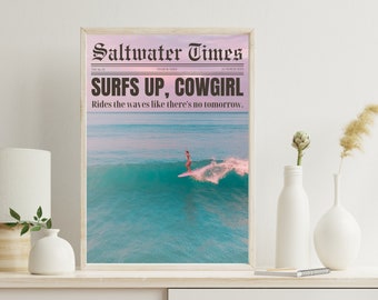 Coastal Cowgirl Newspaper Print, Trendy Surf Art (Digital Download)