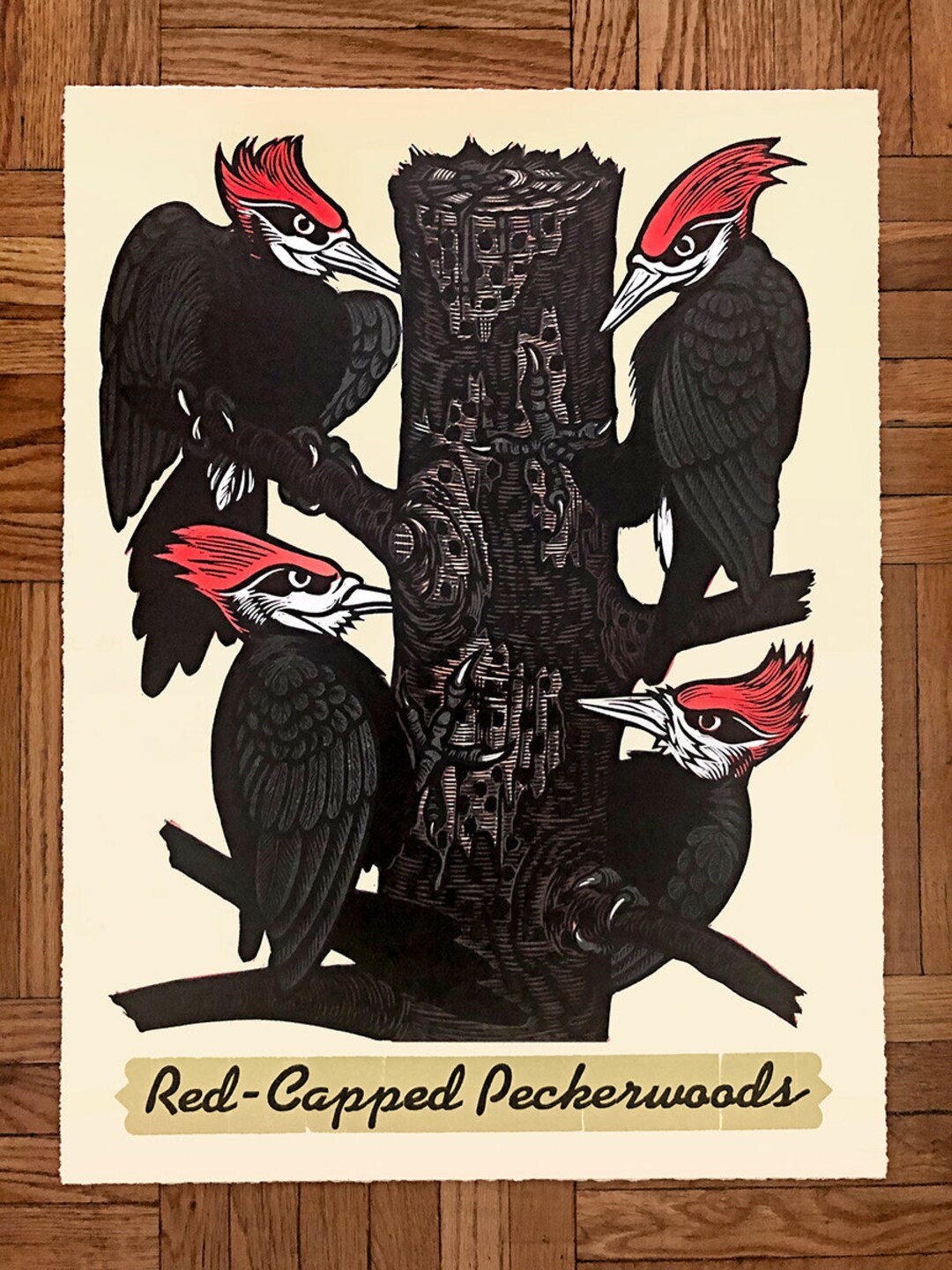 Red Capped Peckerwoods - Color Woodcut and Letterpress Print - Etsy
