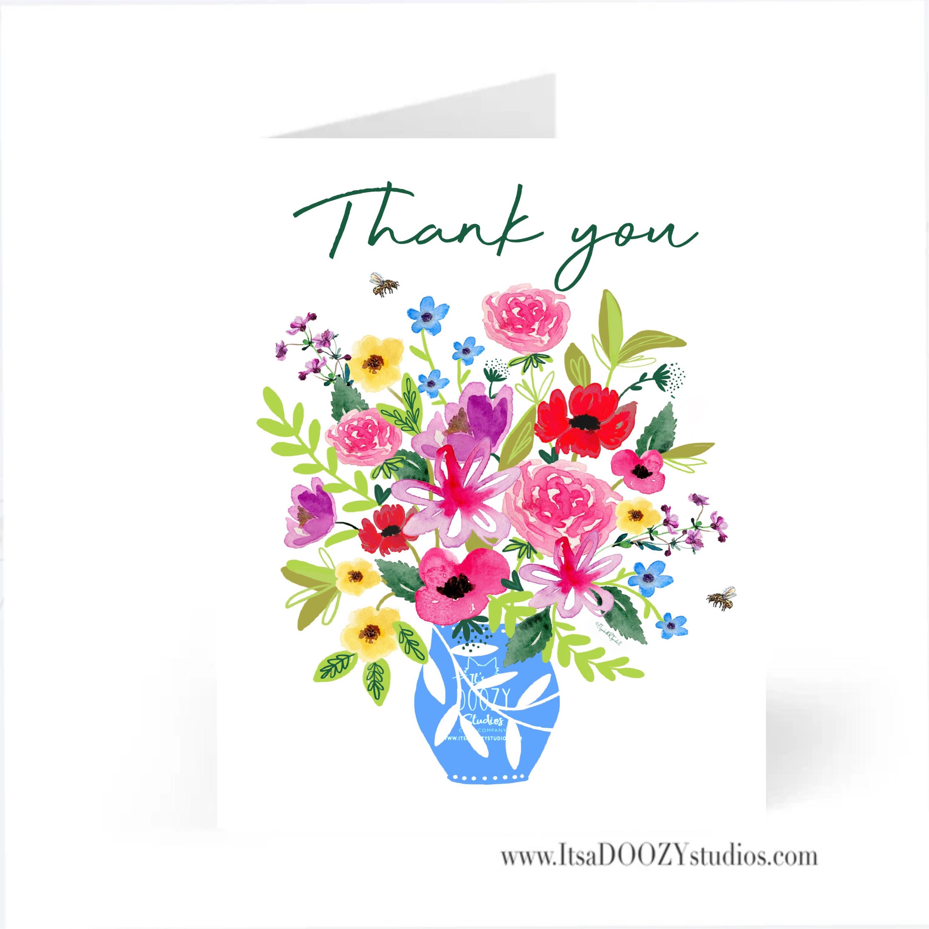 Watercolor Floral Thank You Card - Colorful Flowers in a Blue Vase With ...