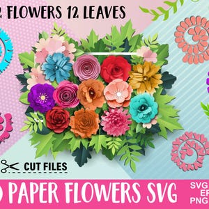 Papieren bloem SVG, gerolde bloem svg-sjabloon, papieren bloem en blad SVG-bundel, 3D-bloem svg, papieren bloem sjabloon, digitale bestanden