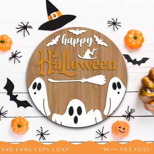 Happy Halloween Sign SVG, Halloween Door Hanger SVG, Halloween Door Sign, Ghost SVG, Laser Cut Files, Digital Downloads Only
