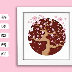 3D kersenbloesem schaduwdoos, lente schaduwdoos, Japanse kersenboom, bloemen gelaagde papierkunst, zomerschaduwdoos svg, 3D gelaagde svg