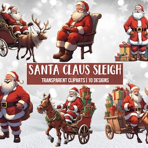 Traîneau de Noël enchanteur et collection de cliparts aquarelle de rennes, lot de cliparts traîneau du père Noël, Noël aquarelle volant PNG