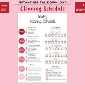 Weekly Cleaning Schedule, Daily Weekly Monthly Cleaning Schedule, Cleaning Checklist Planner, Minimalist Cleaning, A4, A5, US Letter PDF