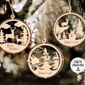Christmas Ornament SVG bundle 3 Layers Ornament Laser Cut Files, Decorations Craft SVG, Hanging Bauble VSG, Snowy Scene Deer carving stencil