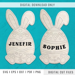 Oeuf à colorier de Pâques SVG, fichiers laser de tag de nom de lapin, ornement de lapin personnalisé