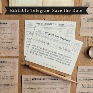 Vintage Telegram Save the Date | Editable Digital Download with Bonus Sticker & Wallet | 1900s-Inspired Design