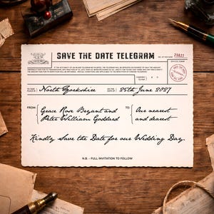 Vintage Telegram Save the Date | Editable Digital Download with Bonus Sticker & Wallet | 1900s-Inspired Design