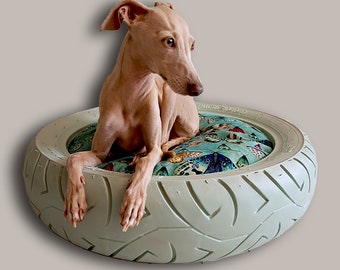 Sustainable Dog Bed Made From Old Tires Painted Cream With a Soft
