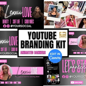 May include: A YouTube branding kit with animated banners for social media. The kit features a black and pink color scheme with the text "Lexxii LOVE" and "@YOURSOCIAL".
