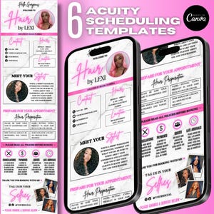 Puede incluir: Seis plantillas de pantalla de teléfono rosa y blanco para programar citas para una peluquería. Las plantillas presentan un fondo de mármol con acentos rosados y texto que dice "Hair by Lexi".