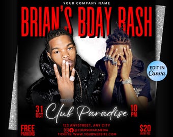 Men's Birthday Party Flyer, DJ Nightclub Evite (Editable Template)