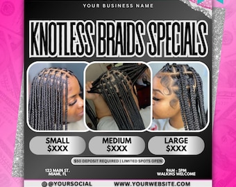 Braid Flyer, Braid Salon Flyer, knotenlose Zöpfe Specials, Braider Buchungsflyer, Braid Specials Salon, Hair Braid Flyer, Social Media Flyer