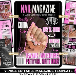 May include: A pink and black magazine cover with the title "Nail Magazine" and the subtitle "Nails by Nikki". The cover features a hand with pink and white nails and a rhinestone design. The text "New Nails - New Confidence, Pretty Girl, Pretty Hands!" is also on the cover.
