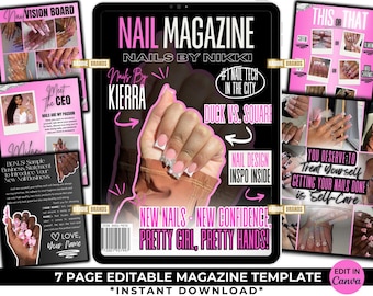May include: A pink and black magazine cover with the title "Nail Magazine" and the subtitle "Nails by Nikki". The cover features a hand with pink and white nails and a rhinestone design. The text "New Nails - New Confidence, Pretty Girl, Pretty Hands!" is also on the cover.