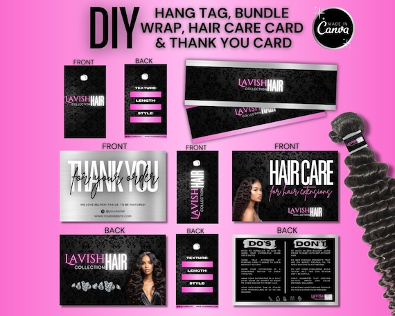 DIY Hair Bundle Branding Kit: Bundle Wrap, Hang Tag, Thank You Card, Hair Bundles Tags (Digital Download)