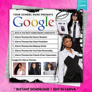 Könnte beinhalten: Digitales Grafikdesign für eine Homecoming-Kandidatin mit dem Google-Logo in Grundfarben. Das Design enthält eine Umfrage mit der Frage "Wer ist der beste Homecoming-Kandidat?" mit Optionen zur Wahl von Kierra Thomas. Die Worte "Sofort-Download | Bearbeiten in Canva" stehen unten.