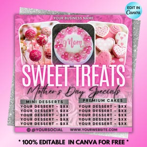 Bäckerei Flyer, Bake Shop Flyer, Preisliste für Lebensmittel, Gebäck Flyer, Backverkauf, Kuchen, getauchte Erdbeere, Cake Pops, Dessertkarte