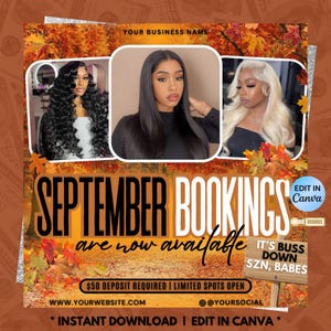September Booking Flyer, Fall Booking Flyer, September Hair flyer, Lash flyer, Nails flyer, Braid, Makeup, Locs, Wigs, Autumn Template
