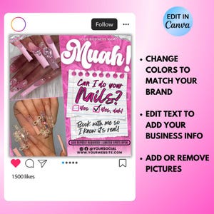 K&ouml;nnte beinhalten: Rosa Social-Media-Post zur Werbung f&uuml;r Nagelstudios. Das Design enth&auml;lt Bilder von Manik&uuml;re-N&auml;geln, den Text "Muah!" und "Can I do your Nails?" mit Kontrollk&auml;stchen. Der Beitrag wirbt f&uuml;r Buchungen.