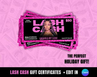 May include: Pink and black gift certificate for lash services. The certificate reads "Lash Cash" and "Lashes by Lexi". The certificate is worth $50 and has an expiration date of January 25, 2025.
