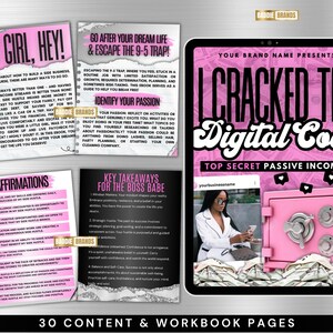 May include: A pink and black digital product cover with the text "I Cracked The Digital Code" and "Top Secret Passive Incomes". The cover features a pink safe with a stack of money in front of it.