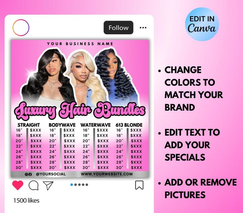 Peut inclure: Une publication Instagram rose faisant la publicit&eacute; de paquets de cheveux de luxe. La publication pr&eacute;sente trois femmes avec des coiffures diff&eacute;rentes&nbsp;: lisses, ondul&eacute;es et en vagues d&rsquo;eau. La publication comprend une liste de prix pour chaque type de cheveux et chaque longueur, allant de 16 &agrave; 30&nbsp;pouces (40,6 &agrave; 76,2&nbsp;cm). La publication comprend &eacute;galement le nom de l&rsquo;entreprise, le nom d&rsquo;utilisateur des m&eacute;dias sociaux et le site Web.
