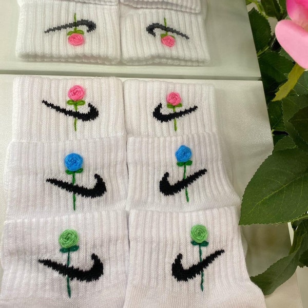 Hand Embroidered Rose Nike White Socks - Customisable