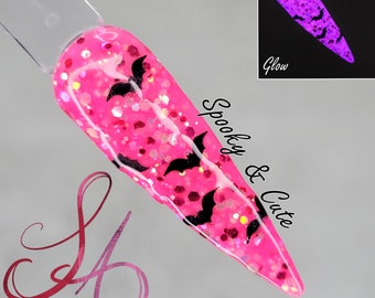 Spooky & Cute Dip Powder Neon Pink Bats Glow