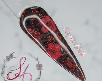Red and Black Floral Dip Powder