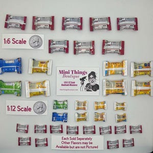 May include: A collection of miniature food items, including snack bars, in various colors and flavors. The items are arranged in rows on a white surface. The image includes the text "1:6 Scale", "1:12 Scale", "Mini Things Boutique", "1:6 & 1:12 Scale Handmade Miniatures", "MiniThingsBoutique.com", and "Each Sold Seperately Other Flavors may be Available but are not Pictured".