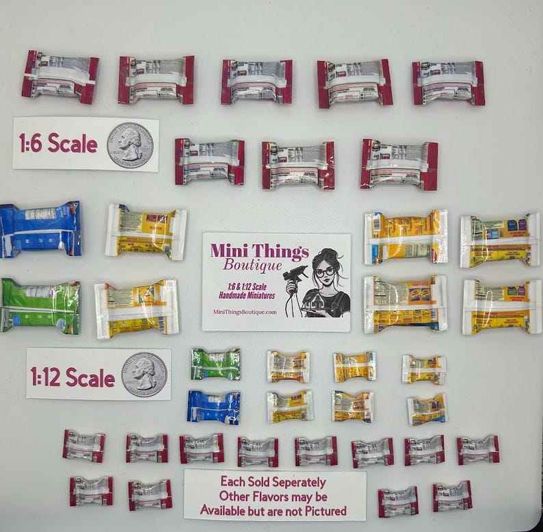 May include: A collection of miniature food items, including snack bars, in various colors and flavors. The items are arranged in rows on a white surface. The image includes the text "1:6 Scale", "1:12 Scale", "Mini Things Boutique", "1:6 & 1:12 Scale Handmade Miniatures", "MiniThingsBoutique.com", and "Each Sold Seperately Other Flavors may be Available but are not Pictured".