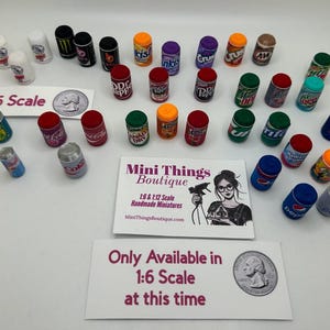 1:6 Scale Mini Soda Cans Pretend 3D Printed (Each Sold Separately)