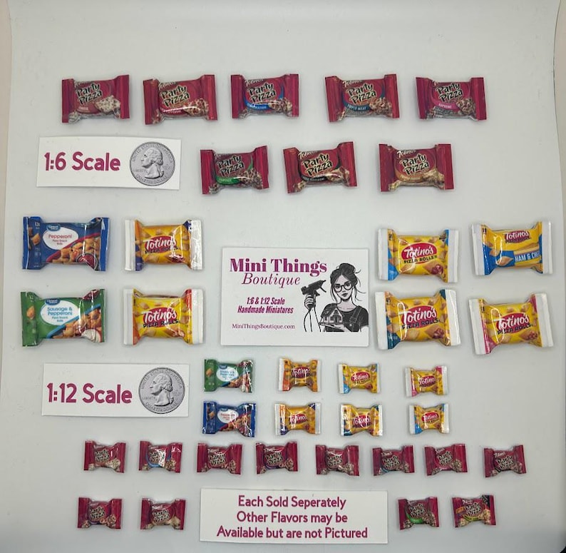 May include: A collection of miniature food items, including Totino's pizza rolls and Party Pizza, in 1:6 and 1:12 scale. The image includes the text "Mini Things Boutique 1:6 & 1:12 Scale Handmade Miniatures MiniThingsBoutique.com" and "Each Sold Seperately Other Flavors may be Available but are not Pictured".