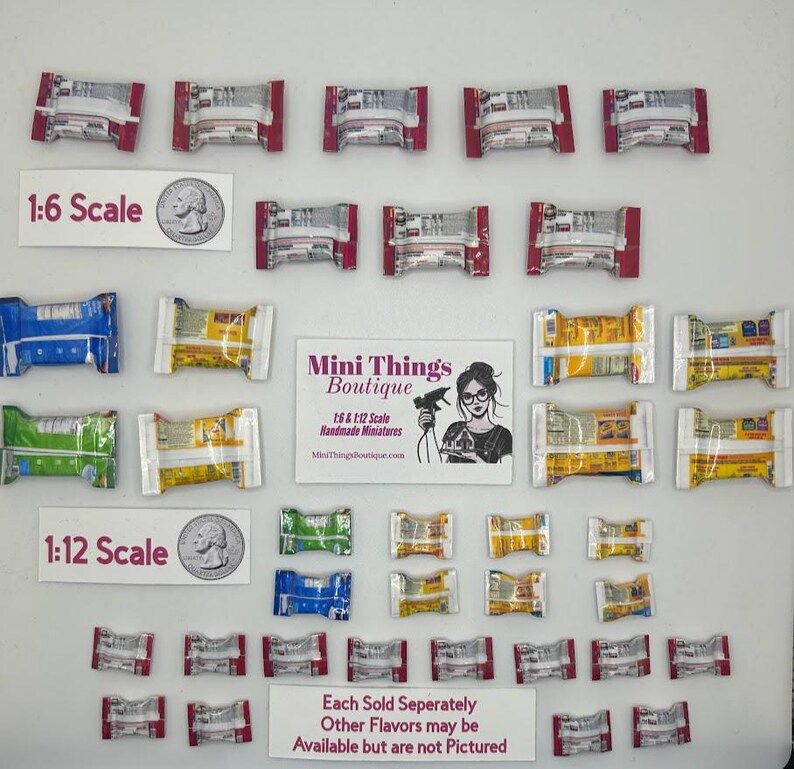 May include: A collection of miniature candy bar wrappers in 1:6 and 1:12 scale. The wrappers are in various colors, including red, yellow, blue, and green. The image includes the text "Mini Things Boutique" and "Each Sold Seperately Other Flavors may be Available but are not Pictured".