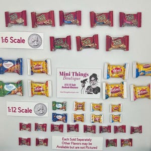 May include: A collection of miniature food items, including Totino's Pizza Rolls and Party Pizza, in 1:6 and 1:12 scale. The image includes a US quarter for size comparison. The text "Each Sold Seperately Other Flavors may be Available but are not Pictured" is also included.