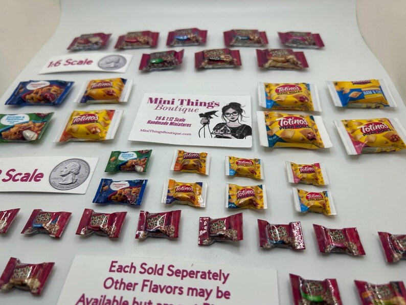 May include: A collection of miniature snack food bags, including Totino's Pizza Rolls, in 1:6 and 1:12 scale. The bags are arranged on a white surface with a business card for "Mini Things Boutique" in the center. The image includes the text "1:6 Scale", "1:12 Scale", "Each Sold Seperately", "Other Flavors may be Available but are not pictured."