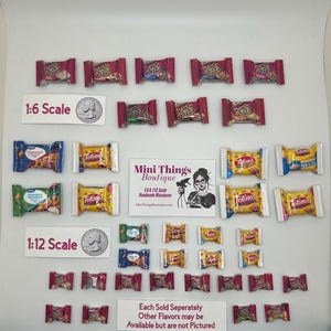 May include: A collection of miniature food items, including bags of chips, pizza snacks, and other treats. The items are arranged in two rows, with the top row labeled "1:6 Scale" and the bottom row labeled "1:12 Scale". The image also includes the text "Mini Things Boutique" and "Each Sold Seperately Other Flavors may be Available but are not Pictured".