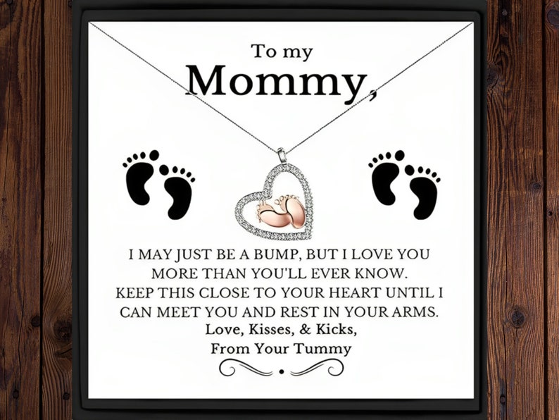 To My Mommy Baby Feet Heart 925 Silver Necklace Pregnancy Gift Mom to Be Baby Feet Baby Shower Gift, Expecting Mother Pregnancy Gift image 1