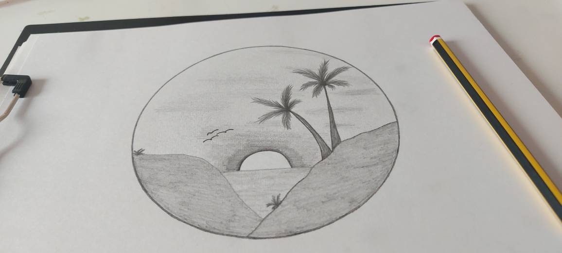 Pencil Drawing Nature Palm Water Sun in Circle Original Draw - Etsy UK