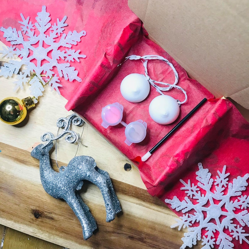 Puede incluir: Un kit de manualidades para hacer adornos navide&ntilde;os. El kit incluye dos adornos blancos, dos peque&ntilde;os recipientes de pintura rosa, un peque&ntilde;o pincel y dos adornos de copo de nieve plateados.