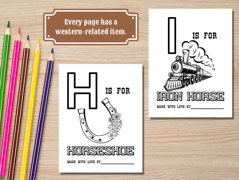 May include: Black and white printable coloring page featuring the letter H and a horseshoe. The text "H is for Horseshoe" is below the image. The text "Made with love by:" is below the text.