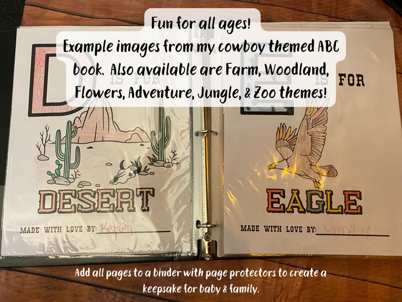 May include: Two pages from a children's alphabet book, featuring a desert scene with a cactus and a skull, and an eagle. The pages are labeled "Desert" and "Eagle" and have space for a child to write their name.