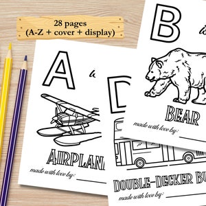 Op de afbeelding: Zwart-witte kleurplaten voor kinderen met de letters A, B en D. De letter A is voor vliegtuig, B is voor beer en D is voor dubbeldekkerbus. Elke pagina heeft een ruimte waar een kind zijn naam kan schrijven.